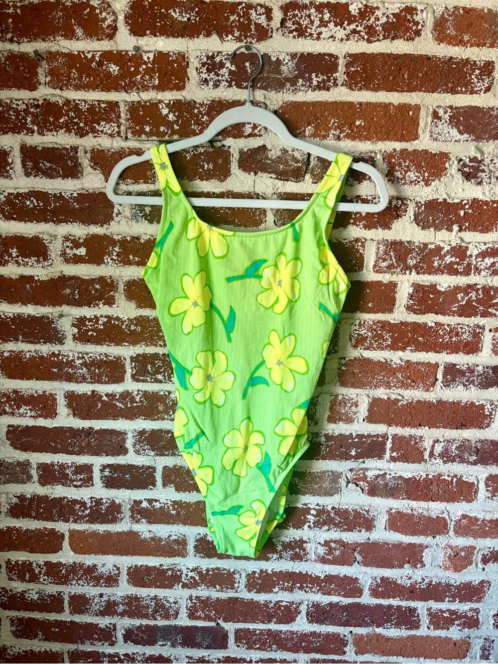 Vintage 90s bright green floral one piece bathing suit